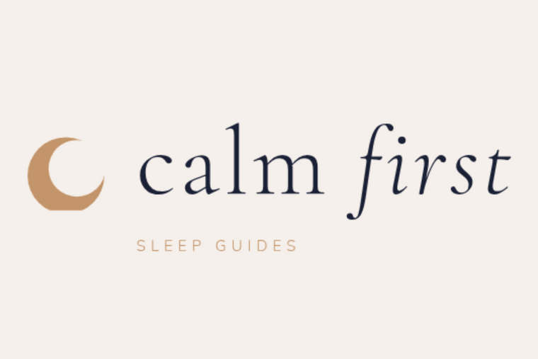 Logo for 'calm first' sleep guides with a gold crescent moon on a light background